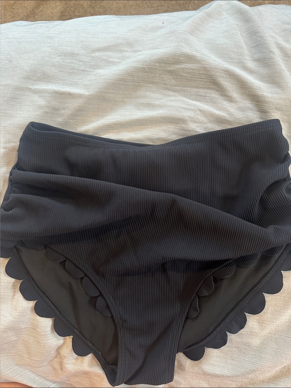Black Ribbed Scallop Edge Bikini Bottoms tummy control